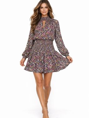 Steve Madden Floral Mini Dress Smocked Waist Long Sleeve M